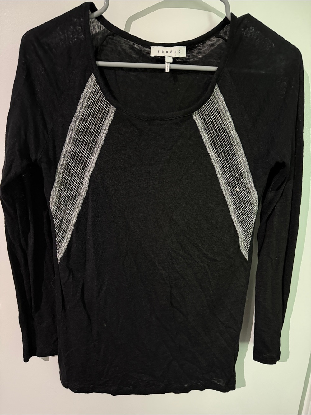 Sandro Black Long Sleeve Top with Silver Mesh Insets